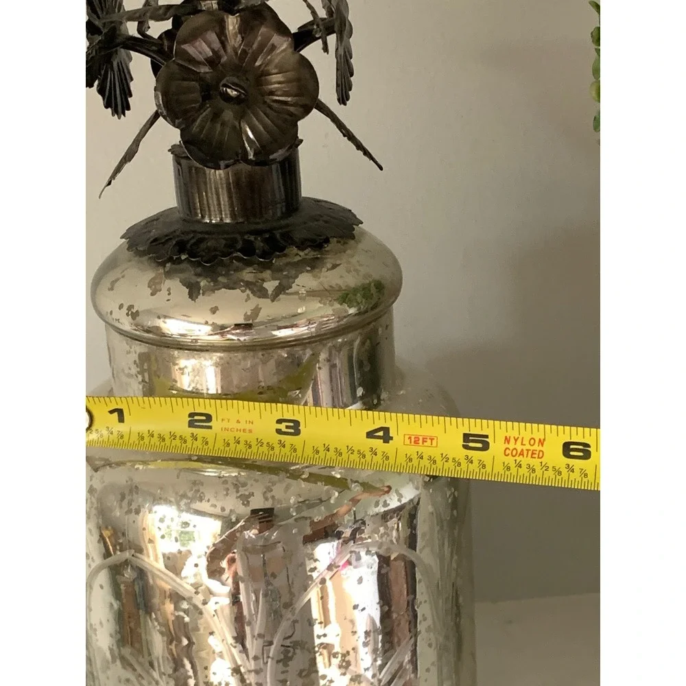 Vintage Mercury Glass Apothecary Jar Etched Silver Canister Metal Flower Lid 11